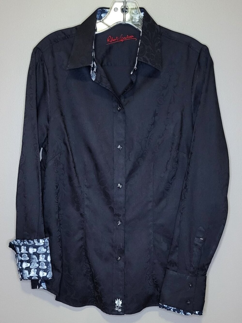 Robert Graham Women's L Vintage Black Jacquard Button Down Shirt L Contrast Cuff